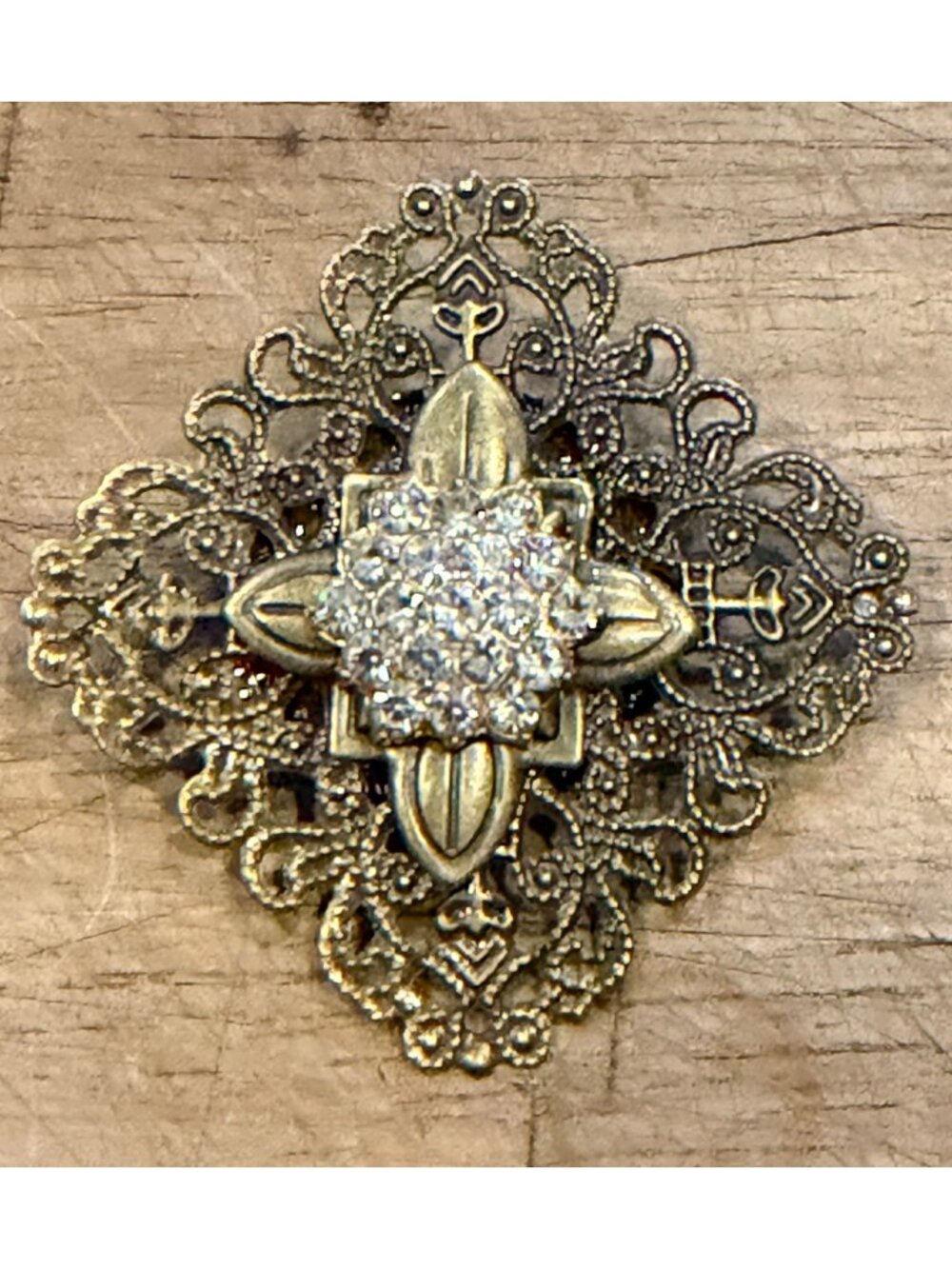 Vintage Ornate Gold-Tone Crystal Brooch Pin With Intricate Filigree Design